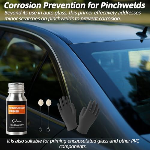 Calvana 1 fl.oz Windshield Primer, Urethane Primer for Automotive, Promotes Adhesion of Polyurethane Sealants, UV Resistant, Fast Drying, with 1 Pair Gloves, 2 Applicator Sticks, Black