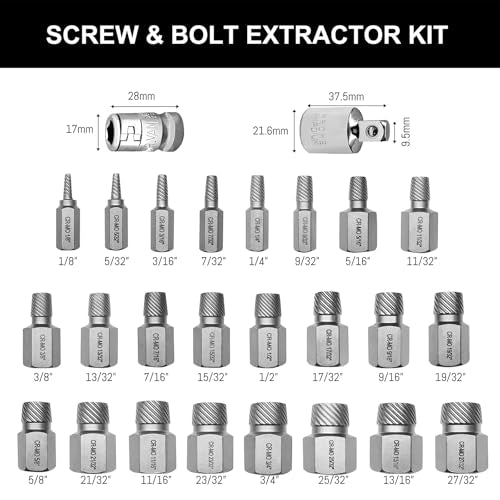 26PCS CR-MO Screw Extractor Set,Hex-Head Multi-Spline Screw Easy-out Screw Extraction Set 3/8" Inch Drive Hex-Head, Broken Bolt Remover, Stripped Fastener Tool for Stripped, Rounded, Damaged - color: 26pcs-screw Extractor