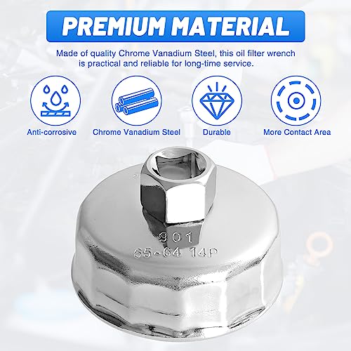 64-65mm Oil Filter Wrench: 14 Flutes Oil Filter Removal Tool Compatible with Wix 57356, 15400-PLM-A02 Oil Filter for Honda Accord Acura Civic CRV, Nissan Sentra, etc