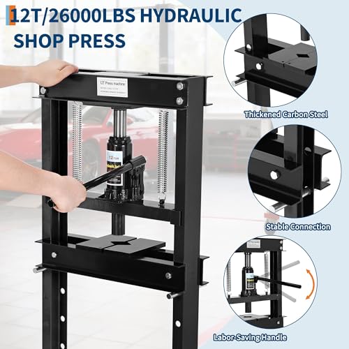 12 Ton H Frame Hydraulic Shop Press,Heavy Duty Garage Floor Press with Adjustable Height Stamping Plates,Built in Relief Valve for Bending Straightening Bearings u Joints Car Repair Professional Use - color: Black