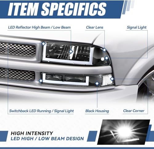 Auto Dynasty 4Pcs Switchback U-LED DRL Headlights Assembly and Bumper Lamps Compatible with Chevy Blazer S10 1998-2004, Driver and Passenger Side, Black Housing Clear Lens - color: Black, size: U-Style LED DRL