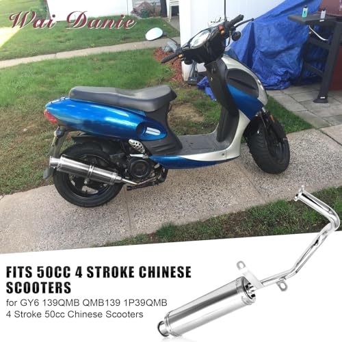 Wai Danie Motorcycle Exhaust Muffler Scooter Exhaust Stainless Pipe For GY6 4 Stroke 50cc 80cc100cc QMB139 Exhaust Stainless Pipe 139Qmb 1P39Qmb Chinese Scooter Moped - color: Silver