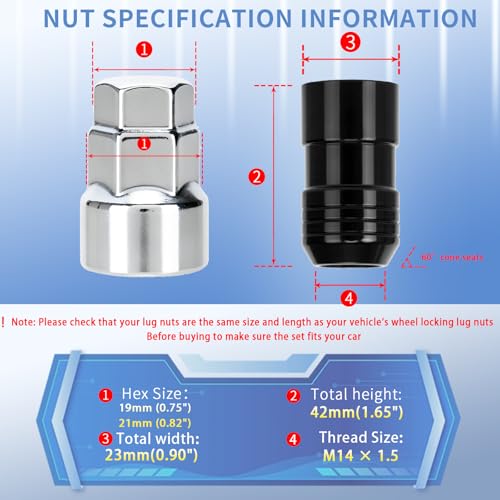24216 휠 락 러그 너트 M14 x 1.50 지프 어큐라 MDX 캐딜락 에스컬레이드 포드 익스플로러 쉐보레 실버라도 도요타 툰드라 닷지 램 등에 적합, 13/16인치 헥스 블랙 콘 시트 휠 잠금 장치
