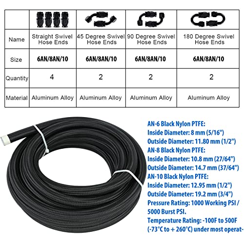8AN 20FT PTFE Fuel Line Hose Kit, E85 Stainless Steel Nylon Braided - size: 8AN Fitting+20Ft Hose