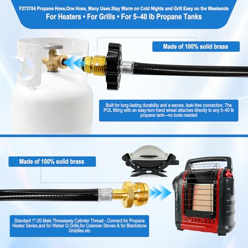 F273704 10FT Propane Hose Fits for Portable Heaters & Grill Etc, Heater Propane Hose with POL Fitting Connect 5-40 lb Propane Tanks, for Grill Propane Hoses, CSA Certified. - style: 273704 10FT Propane Adapter Hose for Heater Series