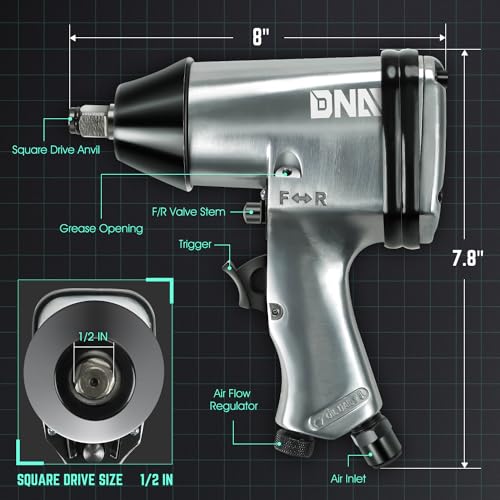 DNA MOTORING 17 Pcs Air Tool Kit 1/2-Inch Pneumatic Air Impact & Ratchet Wrench Kit Torque Wrench for Repairs, w/Case, Sliver/Black, TOOLS-00530 - style: 17Pc Combination set