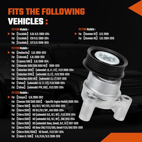 39083 Belt Tensioner Assembly with Pulley Fit for Silverado 1500 09-13, Fit for GMC Sierra 1500/2500 HD 10-13, Fit for Cadillac Escalade 09-14, Fit for Hummer H2 09, V8 6.2L/6.0L/5.3L/4.8L - size: 39083