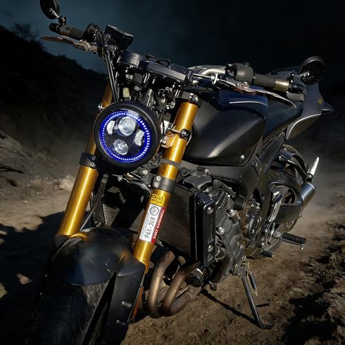 5-3/4 5.75" Motorcycle Headlight with Housing Bucket Smoke Halo Blue DRL - color: BLUE HALO WITH HOUSING