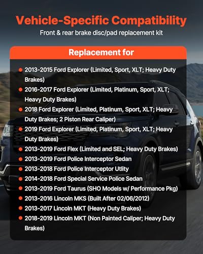 VEVOR Front and Rear Brake Kit Fits for 2013-2015 Ford Explorer (Limited, Sport, XLT; Heavy Duty Brakes), 2018 Ford Explorer (Limited, Platinum, Sport, XLT; Heavy Duty Brakes; 2 Piston Rear Caliper) - size: S-54188 + S-54189