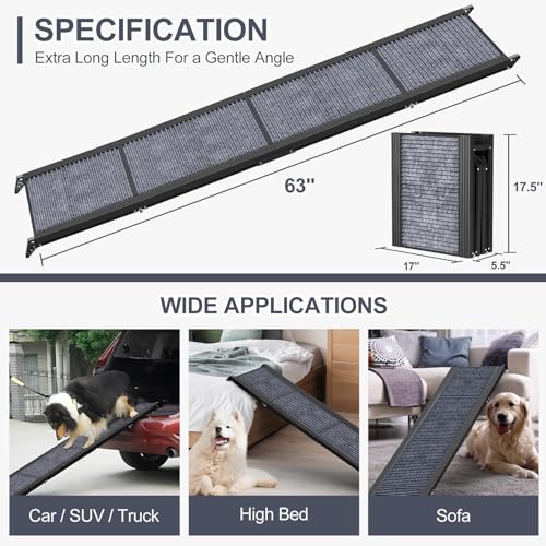 Dog Ramp for Car 63" L × 17" W, Pet Ramp for Truck Foldable - size: Upgraded 63" L x 17.2" W