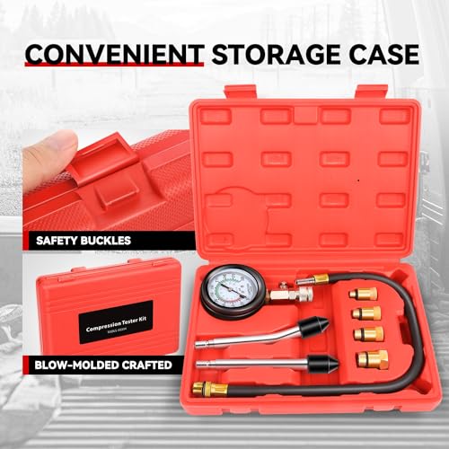 Auto Dynasty 8 Pieces Kit - 3-in-1 Engine Compression Tester Automotive Quick & Accurate Cylinder 0-300 Psi Pressure Measurement Tool with Carrying Case Universal for Vehicles (Red)
