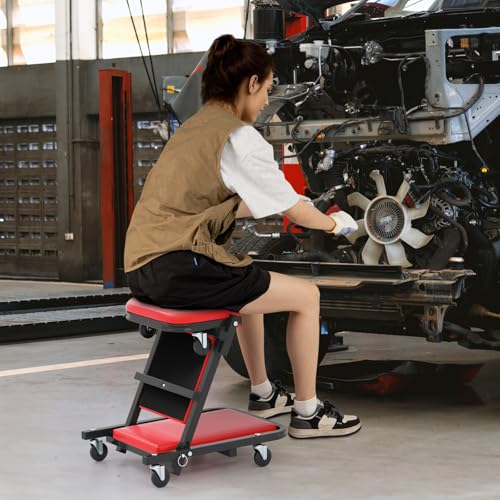 40" Z Garage Creeper, 2-in-1 Folding Creeper with Padded Seat & 6 Wheels, Low Profile Mechanic Creeper Seat Automotive Stool for Workshop, Auto Repair, 350 lbs Capacity