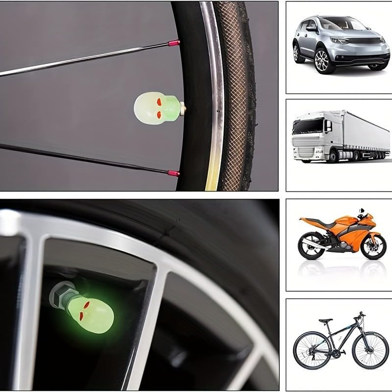 4Pcs Glow in Dark Tire Valve Stem Caps, Pink Skull Design, High Visibility, Stylish Designed Car Caps
