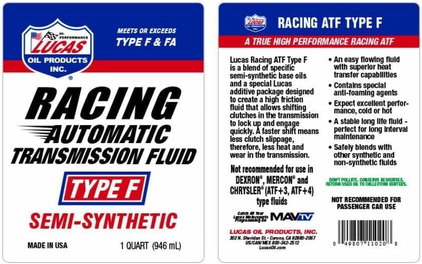 Lucas Oil 11020 Semi-Synthetic Racing Automatic Transmission Fluid Type F, 1 Quart (Pack of 6) - size: One Size (Pack of 6)