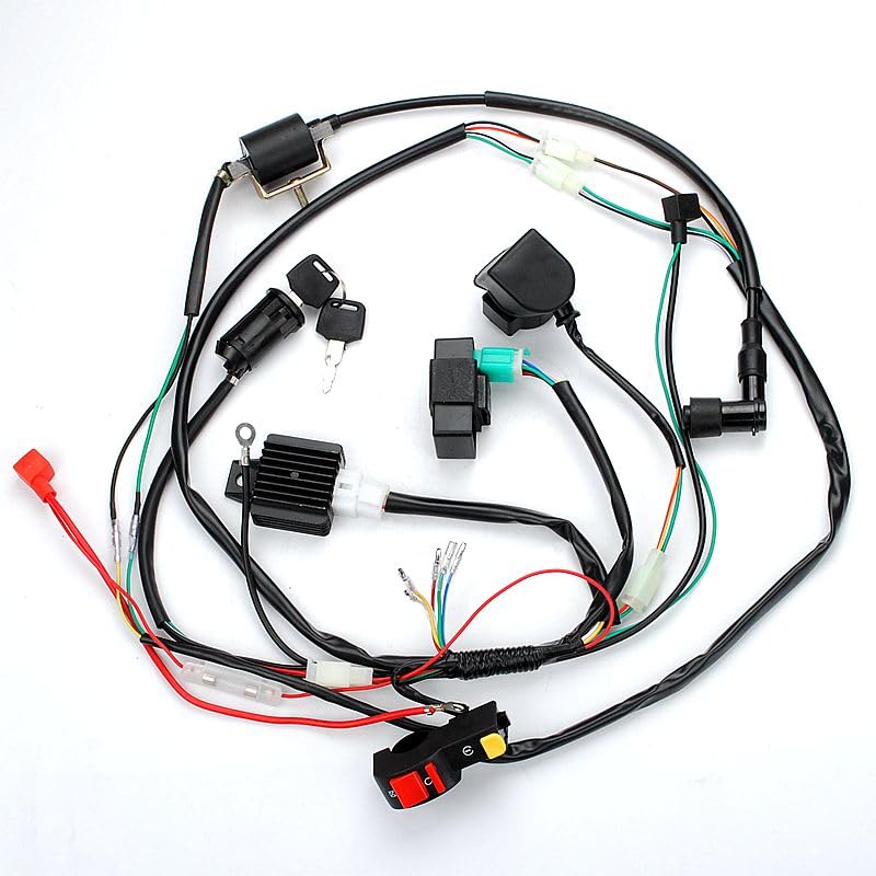 Trkimal Full Wiring Harness Loom Solenoid Relay Spark Plug Coil Regulator CDI For 4 Stroke ATV 50cc 70cc 90cc 110cc 125cc Dirt Pit Bike Buggy Quad Electric Start Engine