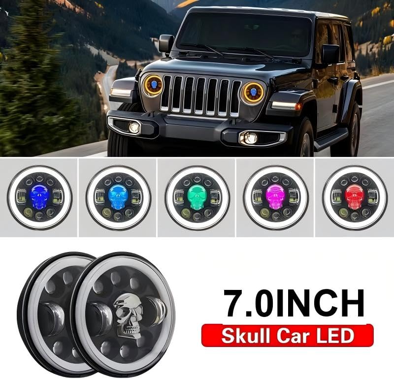 7 Inch Motorcycle LED Headlight, Skull Pattern Colorful Angel Eye Round Headlamp with High/Low Beam Turn Signal DRL and Light LED Headligt - size: 7'' skull headlight-1PCS