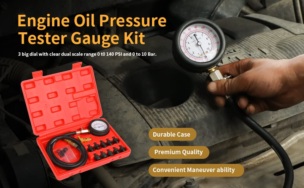 Oil Pressure Tester Tool, Oil Pressure Gauge kit, 0-140 PSI Pressure Test Diagnostic Tools, Engine Oil Pressure Tester Tool kit, for car Truck (red) - color: red