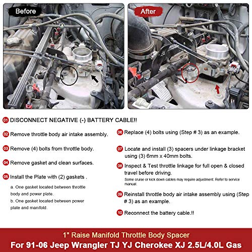 Throttle Body Spacer Compatible with 91-06 Jeep Wrangler TJ YJ LJ Cherokee XJ 2.5L/4.0L Engine Gas MJ w/Gasket 1" Raise Manifold Carb Black - color: black