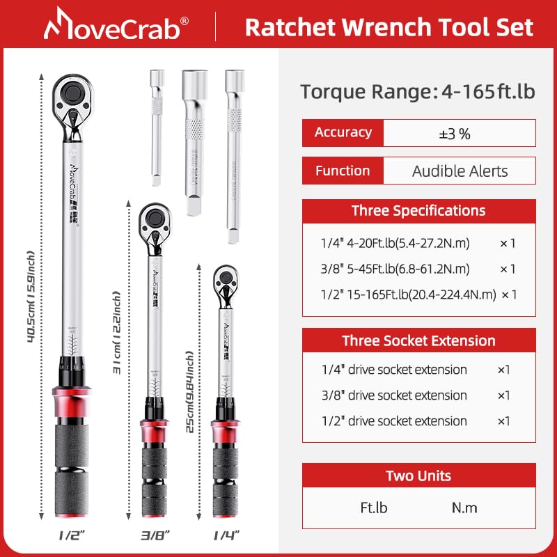 6-Piece Click Torque Wrench Set, 1/4", 3/8" & 1/2" Drive, ±3% - size: 6pcs Torque Wrench Set