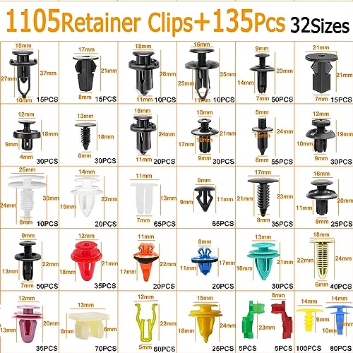 Uolor 1240Pcs Car Push Retainer Clips & Auto Fasteners Kit - 32 Most Popular Sizes Nylon Bumper Fender Rivets with 10 Cable Ties and Fasteners Remover for Toyota GM Ford Honda Chevy