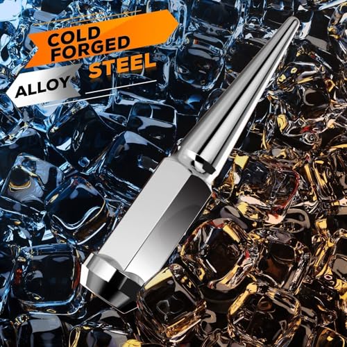 DYNOFIT 14mmx1.5 Spike Lug Nuts, 32PCS Chrome M14x1.5 Lug Nut, 4.4 inch Tall Closed End Nuts with 1 Socket Key Compatible with 1999-2026 Chevy Silverado 1500 GMC Sierra 2500HD,2003-2026 F250 F350 - color: Silver, size: M14x1.5 32 pcs