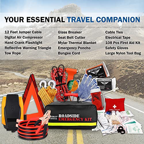 Everlit Survival Car Emergency Kit, Roadside Safety Tool Kit with Gloves,Digital Auto Air Compressor Tire Inflator, First Aid Kit, 12 Feet Jumper Cable, Tow Strap, Flashlight for Women, Men, Teenagers