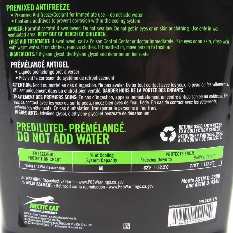 Arctic Cat 2436-871 Extended Life Anti-Freeze 60 40 Mix 1 Gallon Jug Coolant