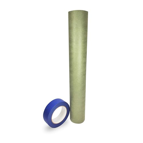 IDL Packaging Premium Masking Kit - 18" x 60 Yards Green Masking Paper (1 Roll) and 1.41" x 60 Yards Blue Tape (1 Roll) - Masking Set to Protect Surfaces - Great for Automotive Industry - color: 18"x180', Green, size: 1 Roll + Tool