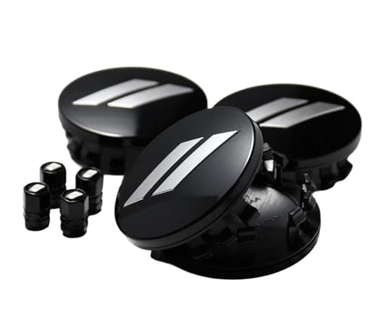(Set of 4) 63mm=2.5 inches // Slash Wheel Center Caps Covers HubCaps + Tire Valve Stem Caps Trim for Dodge Charger Challenger Durango Hornet Dart R/T SRT Magnum Nitro Journey Caliber Avenger - color: silver // on black Center caps + tire valve caps