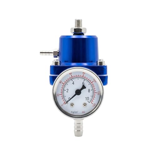 Universal Adjustable Fuel Pressure Regulator Kit 0-140 PSI Gauge Blue Aluminum FPR 11cm(4.33") Height for Gasoline Injection Performance (Blue) - color: Blue