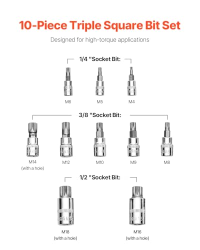 VEVOR XZN Triple Square Spline Bit Socket Set, 10-Piece M4 - M18, Premium Cr-V Steel, 1/4 in, 3/8 in, and 1/2 in Drives, with Enhanced Storage Case, Triple Square Socket Set for Hand Use, Automotive - size: 10 PCS
