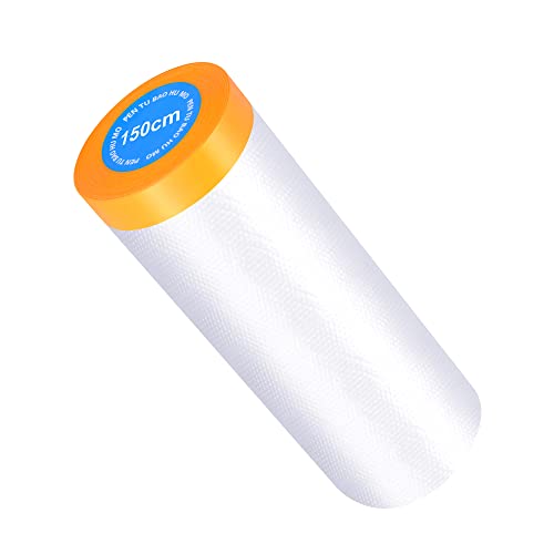 Muf 5 x 65 Feet Plastic Drop Cloth Plastic Sheeting with Masking Tape,Waterproof Protective Masking Film,Prevent Dust Paint for Car,Furniture,Carpet,Floor,1 Pack - size: 5 × 65 feet