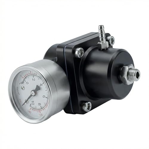 Universal Adjustable Fuel Pressure Regulator Kit 0-140 PSI Gauge Blue Aluminum FPR 11cm(4.33") Height for Gasoline Injection Performance (Black) - color: Black