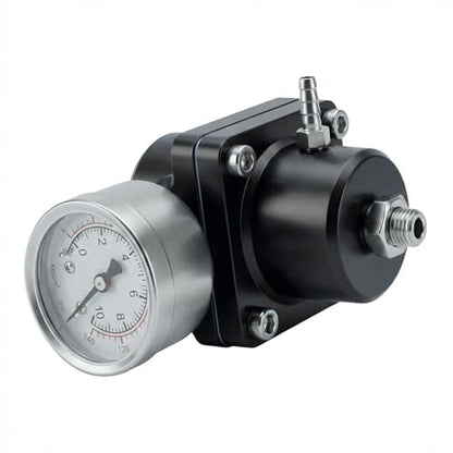 Universal Adjustable Fuel Pressure Regulator Kit 0-140 PSI Gauge Blue Aluminum FPR 11cm(4.33") Height for Gasoline Injection Performance (Black) - color: Black