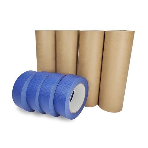 IDL Packaging Masking Paper and Tape Set - 9" x 60 Yards Brown Masking Paper (4 Rolls) and 1.41" x 60 Yards Blue Painter’s Tape (4 Rolls) - Masking Kit for Painting and Home Improvements - color: 09"x180', Brown, size: 4 Rolls + Tool