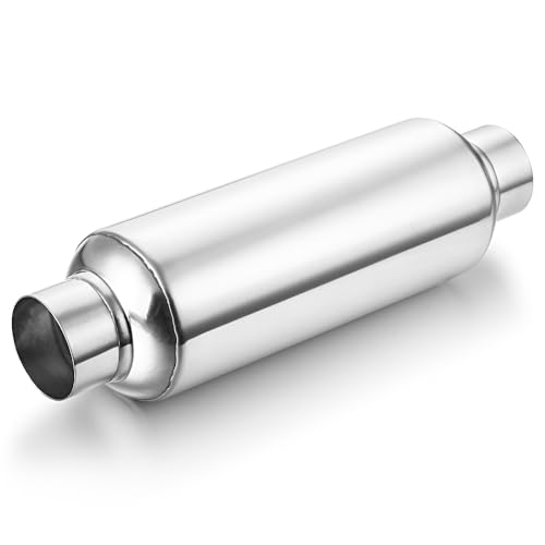 LCGP 2.25" Inlet Universal Resonator, 2.25" Outlet 13.77" Overall Length Stainless Steel High Performance Muffler, Polished, Pass-Thru Design - color: Silver, size: 2.25" Inlet 13.8" Overall Length