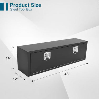 48"X12"X14" Underbody Steel Truck Box Black Heavy Duty Underbody Storage Box Waterproof Truck Tool Box Organizer w/Lock & Keys For RV,Pick up Toolbox - size: 48"x12"x14"