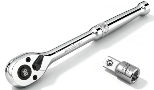 HORUSDY 3/8" Drive 90T Quick-Release Ratchet Handle, Reversible, Chrome Alloy Made, Full Polished, Includes 3/8" to 1/2" Socket Adapter, Ideal for Auto Repair, Home & Industrial Use - color: 3/8" Drive 90t Silver