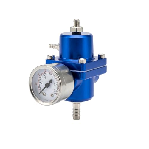 Universal Adjustable Fuel Pressure Regulator Kit 0-140 PSI Gauge Blue Aluminum FPR 11cm(4.33") Height for Gasoline Injection Performance (Blue) - color: Blue