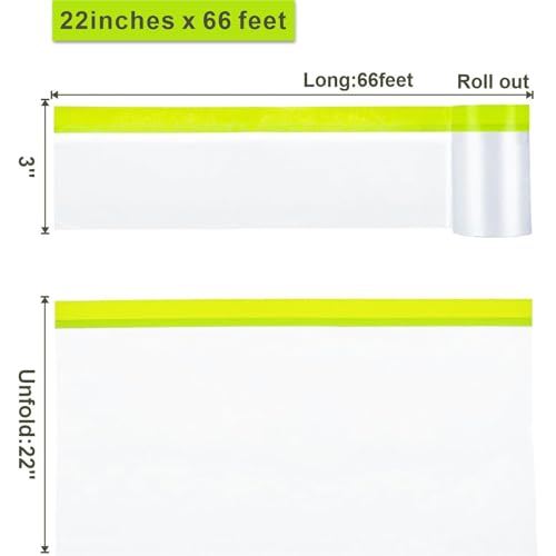 Pre-Taped Masking Film 3 Rolls 22" x 66' Automotive Painters Tape and Plastic Painting Film for Covering Cars Walls Windows and Floor Furniture Protection