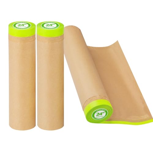 Tangibay Pre-Taped Masking Paper for Painting - 24 inch x 50 feet Painters Paper with Tape for House & Automotive Paint, Protecting Skirting, Frames, Cars and Auto Body (3 Rolls) - size: 3 Rolls: 24"