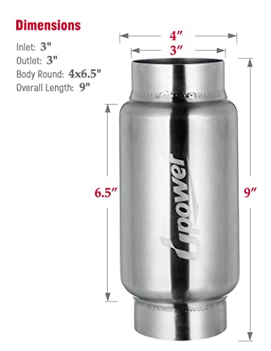 UPOWER 3" Inlet&Outlet Exhaust Resonator,9" Overall Length Center Straight Through Stainless Steel Muffler,Polished - size: 3" Inlet 9" Overall Length