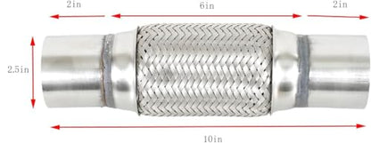 2.5" X 6" /10" Universal Stainless Steel Exhaust Flex Pipe,Double Braid Exhaust Flex Tube For Heavy Duty and Cars - size: 2.5”X6"/10"