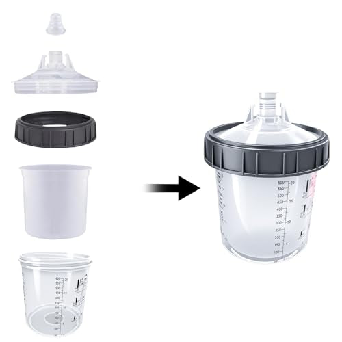Disposable Paint Spray Gun Cup System for HVLP Paint Spray Paint Gun, Standard 20 Ounce (600ml) Kit with 50 Cups and Lids, 1 Hard Paint Mixing Cup with Retainer Ring and 20 Plugs. - color: Dis-600m1-50pcs
