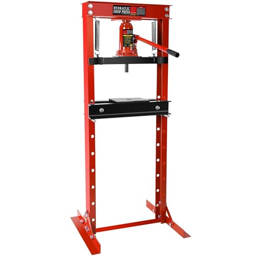 Heavy Duty 12 Ton Hydraulic H-Frame Shop Press – Adjustable Benchtop Floor Press with Stamping Plates – for Metalworking, Bearing Removal, Straightening, Car Repair – Red - color: Red