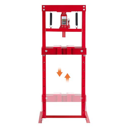 12 Ton Floor Shop Press, H-Frame Hydraulic Press with 2 Steel Movable Plates, Triangle Support & 6 Adjustable Height Beds for Garage Bearing Removal, Metalworking, 26000 LBS, Heavy Duty, Red