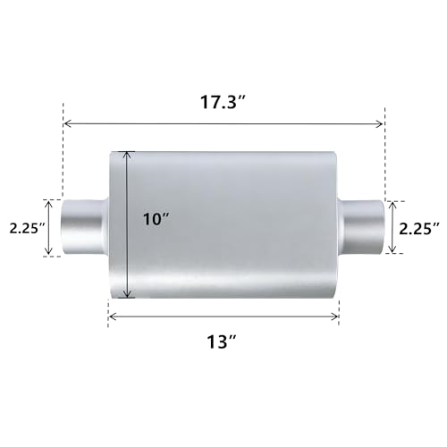 Universal 2.25" Dual Chamber Center Inlet Center Outlet Muffler – Aluminized Steel Silver, Aggressive Deep Sound, 17" Total Length - color: SILVER, size: 2.25 Inch