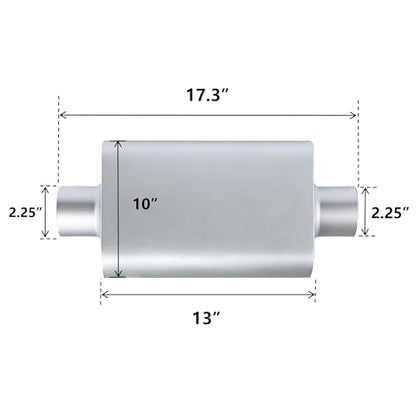 Universal 2.25" Dual Chamber Center Inlet Center Outlet Muffler – Aluminized Steel Silver, Aggressive Deep Sound, 17" Total Length - color: SILVER, size: 2.25 Inch