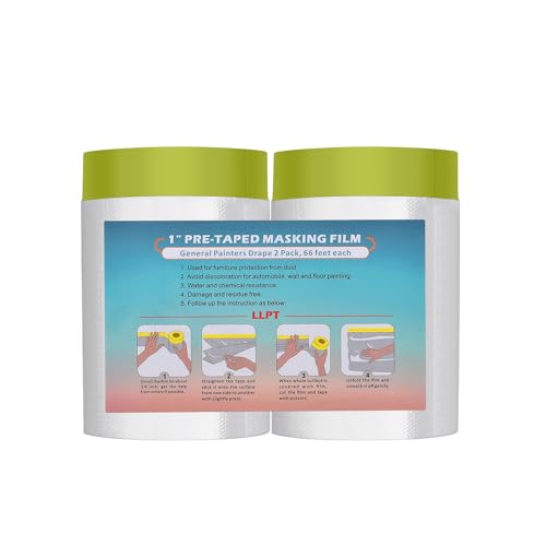 LLPT Pre-Taped Masking Film, 25.6" Unfolded x 66Ft, 0.31 Mil, 2 Pack - size: 25.6 Inch x 66 Ft