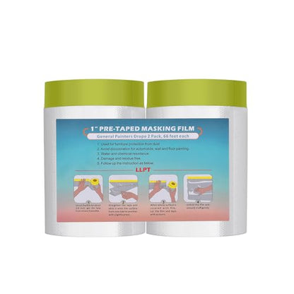 LLPT Pre-Taped Masking Film, 25.6" Unfolded x 66Ft, 0.31 Mil, 2 Pack - size: 25.6 Inch x 66 Ft